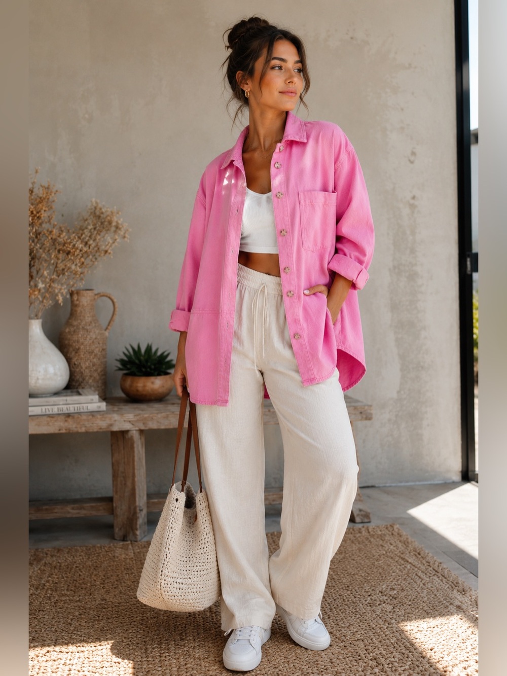 Zara Pink Oversized Cotton Shacket Button Front Pocket Size Small (PTP 20.5”)
